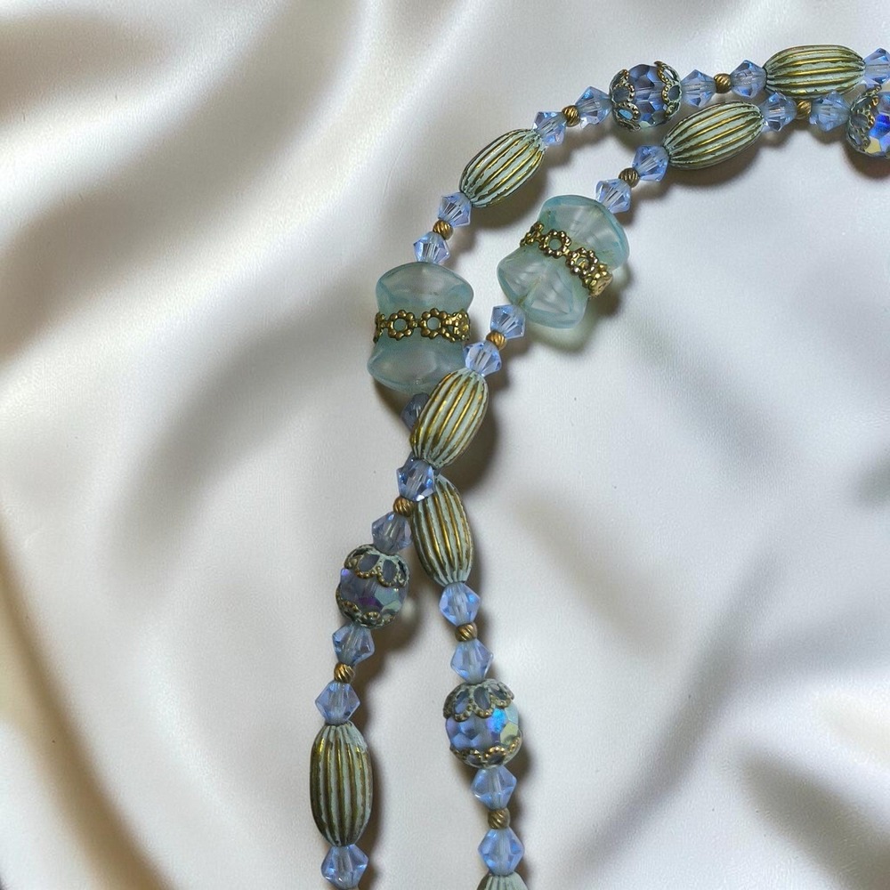 Vintage Mid Century Aqua Glass & Crystal 33" Necklace - Picture 7 of 11